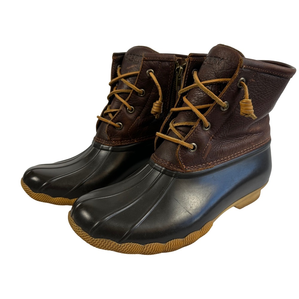 Sperry Women's 7.5 Duck Boots Brown Leather Rubber Waterproof Winter Rain Boots